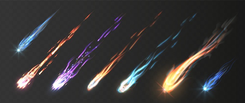 彗星和陨石组。矢量现实的流星和火球与火的痕迹。雨矢要素