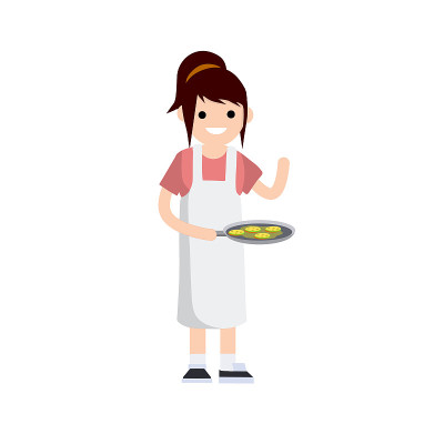 穿着白围裙的女人手里拿着盘子站着。美味的菜肴和蛋糕。年轻的成年女孩在厨房做饭。在餐厅和咖啡馆当服务员