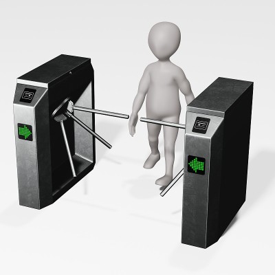 3D渲染卡通人物与旋转障碍门