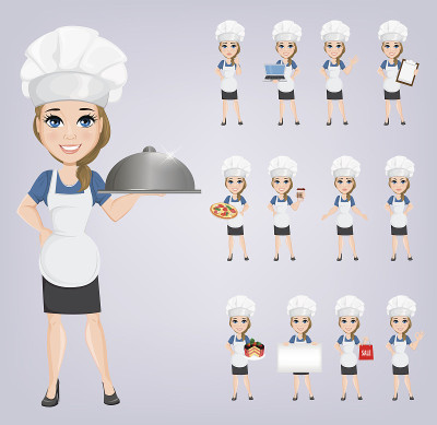Chef woman set. Cute cartoon character cook. Vecto