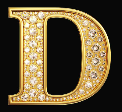 金色字母“D”，黑色背景上镶有菱形。包括剪切路径。三维演示
