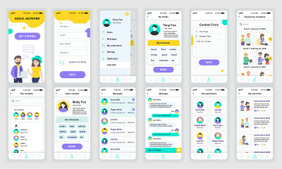 一套UI, UX, GUI屏幕社交网络应用平面设计模板的移动应用