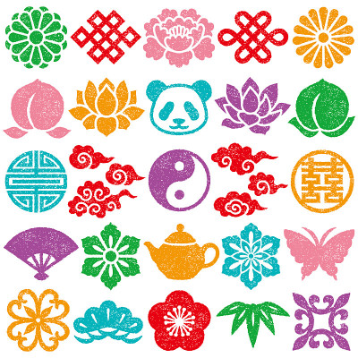 Set of Chinese decorative icons. stamp set.