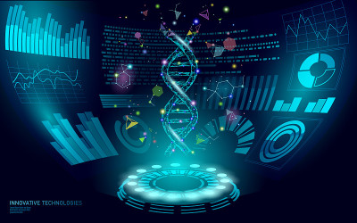 3D低聚基因治疗DNA HUD UI显示。未来多边形三角形点线健康蓝色抽象医学基因组工程矢量插图未来