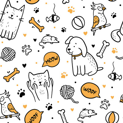 宠物猫狗无缝图案涂鸦风格
