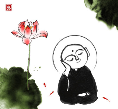 水墨画祈祷日本菩萨齐佐和荷花。传统的日本水墨画佛糜璧。象形文字的翻译-开花