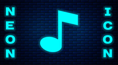 发光的霓虹灯音乐笔记，色调图标孤立在砖墙背景。向量