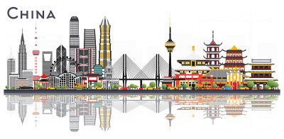 中国城市天际线孤立在白色的背景。中国的著名地标。