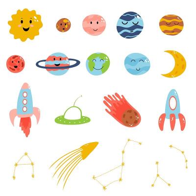 空间元素以卡通扁平化孩子气为主。矢量插图的行星，火箭，陨石，星座对婴儿服装，纺织品和产品设计的白色背
