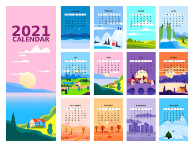 2021年日历简约的景观自然背景的四季。冬天是仙境，春天是清新的，夏天是炎热的晴天，秋天是落叶的。设