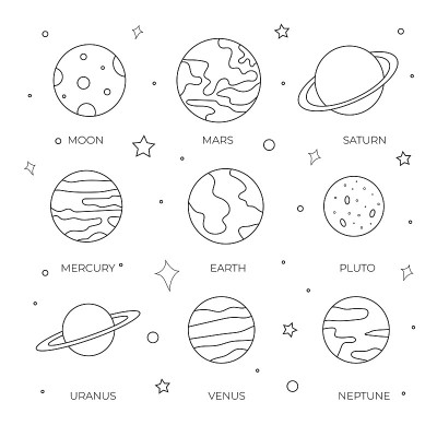 一套手绘行星和月亮