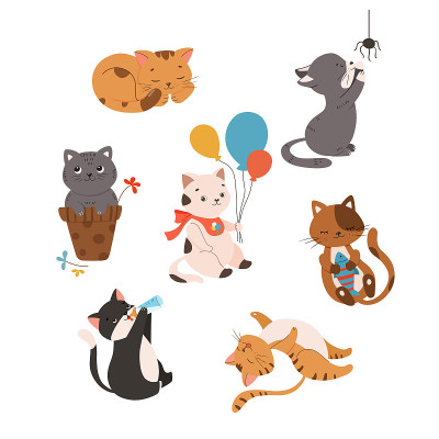 可爱的小猫矢量插图集。