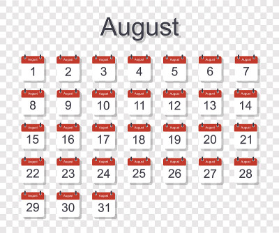 每月日历模板为8月与每日的日期。透明背景。平的风格