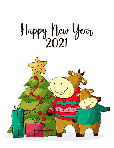 2021年新年快乐儿童插图。中国新年2021年是牛年