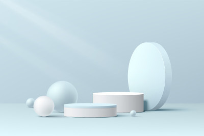 现实的白色和蓝色的3D圆柱体基座平台设置几何组和球。粉彩小场景产品展示，促销展示。矢量抽象工作室工作