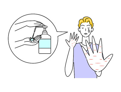皮肤护理可爱的男人伤心与手粗糙的皮肤与酒精消毒插画简单向量皮肤护理。一个可爱的家伙，他很伤心，因为他