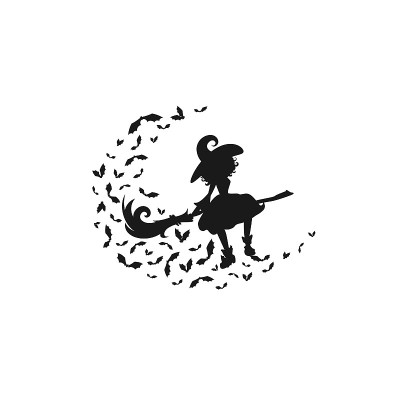 女巫骑着扫帚和蝙蝠飞。月亮，蝙蝠还有戴着帽子的女巫。魔法、幻想。