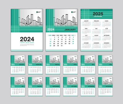 2023日历模板- 2023年桌面日历，2024年日历设计，绿色封面，周从周日开始，12个月集，规划