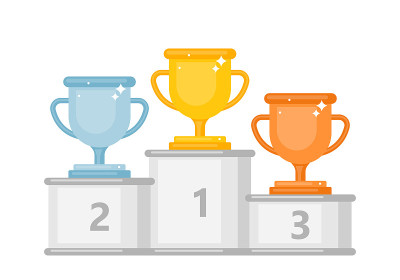 Winner podium with gold, silver and bronze trophy 