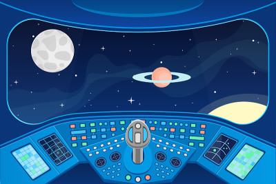 宇宙飞船舱室内部和空间背景卡的查看窗口。向量