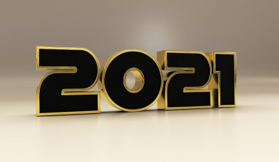 黑色和黄金2021新年快乐文本3d渲染，孤立在白色背景