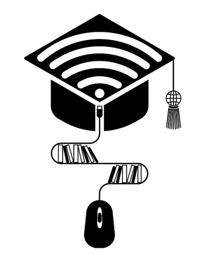 学术帽与互联网图标，电脑鼠标与书架和书籍。