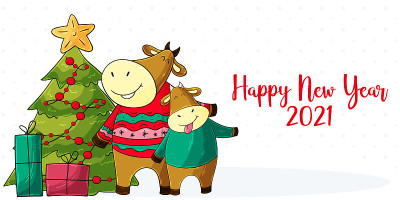 2021新年快乐儿童插画。中国新年牛年2021年