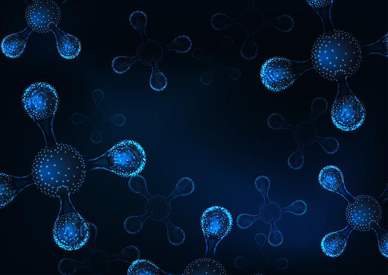 未来的3d原子，分子科学抽象背景在深蓝色。