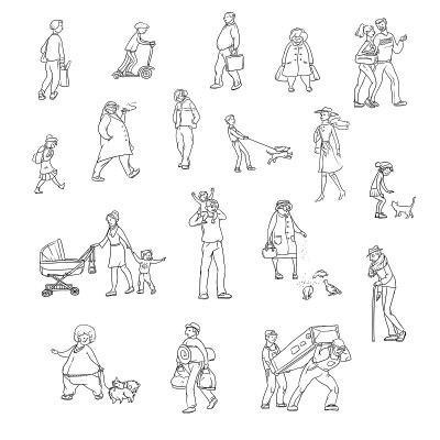 行走城市居民的矢量素描插图。儿童和成人在不同的情况下在城市的街道上。搬运工，女学生，带孩子的女人，还