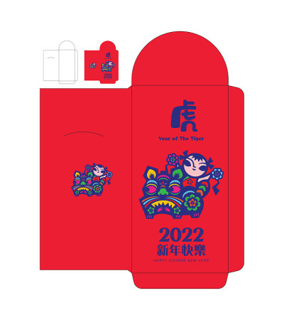 传统的中国剪纸老虎和孩子在红包模板。可编辑的红包信封模板设计