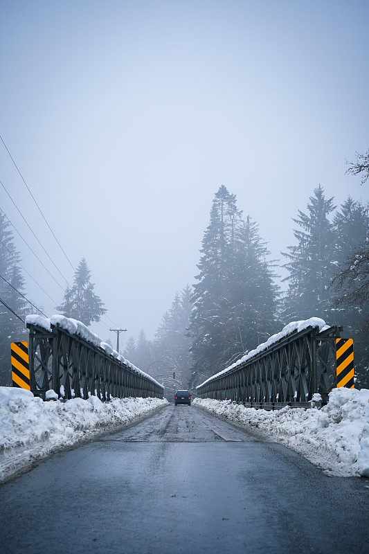 冬天雪桥在塞沃德，温哥华岛，BC省，加拿大