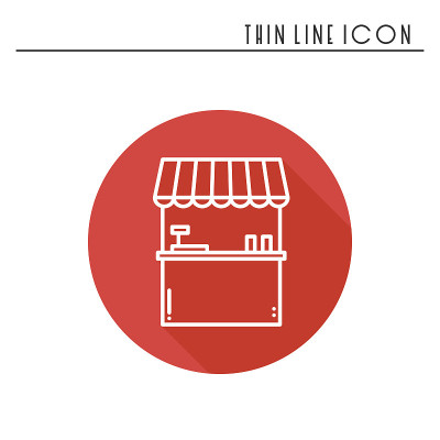 细线图标集。钱箱,售票窗口。食品亭，手推车，移动咖啡馆，商店，交易车。向量风格的线性图标。孤立的插图
