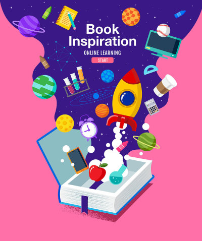 书籍信息，回到学校，行星科学，从家里学习，矢量插图。
