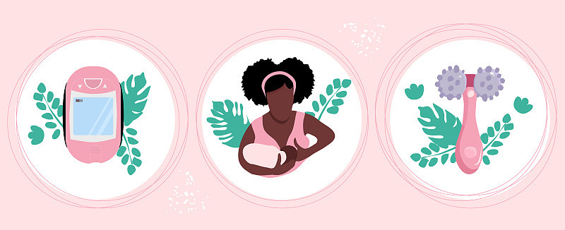 世界母乳喂养周。哺乳期配件集。年轻的非洲裔美国妇女，怀孕了。按摩器及电子泵送装置。