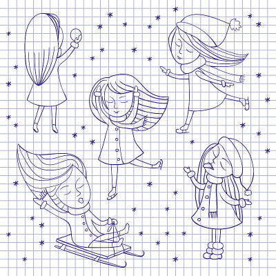 女孩和雪花在笔记本上