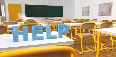 单词帮助在一个教室的桌子上3D渲染