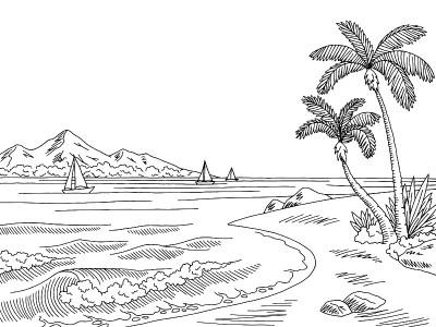 海湾图形黑白景观素描插图矢量