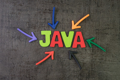 JAVA是现代编程语言的软件开发或应用概念，多色箭头指向字JAVA的黑色水泥黑板墙的中心