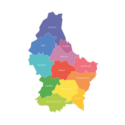 卢森堡的州。区域及国家行政区划地图。色彩斑斓的矢量图