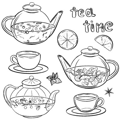 手绘矢量插图素描风格。装着不同种类茶的水壶和杯子。图形收集孤立在白色。下午茶时间刻字。一套热饮。许多
