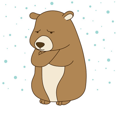 卡通熊站在雪地里冻得发抖。