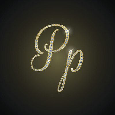闪亮的字母“P“由黄金和钻石组成
