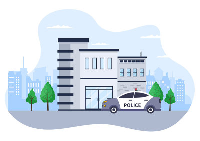 警察署大楼与警察和警车在平面风格背景插图