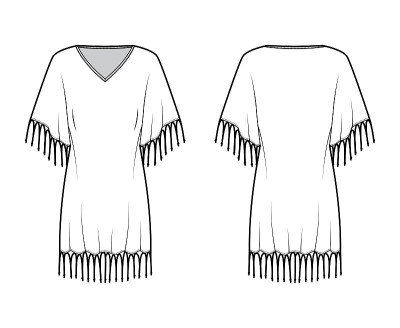 流苏长衫服装技术时尚插图深v领，蝙蝠肘袖，膝盖以上长度