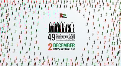 12月2日阿联酋国庆日。一大群人组成了阿联酋国庆日。联邦精神49标志。