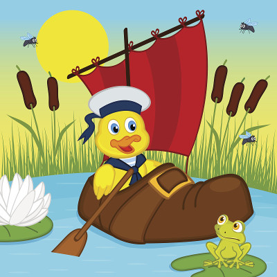 小鸭子穿着靴子在湖面上漂浮