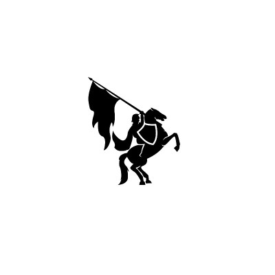 一名穿着盔甲的战争骑士士兵携带旗帜去与他的马标志图标设计平面矢量模板插图剪影白色背景