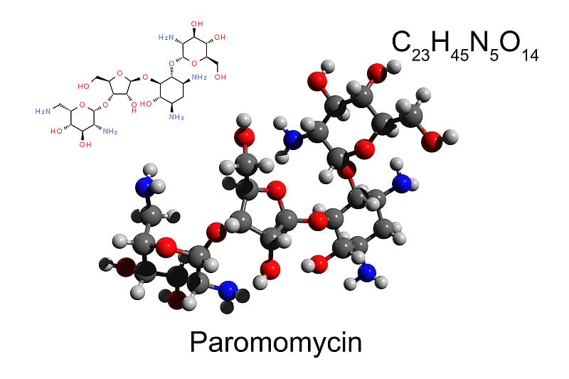 氨基糖苷类抗生素巴龙霉素的化学式、结构式及三维球棒模型