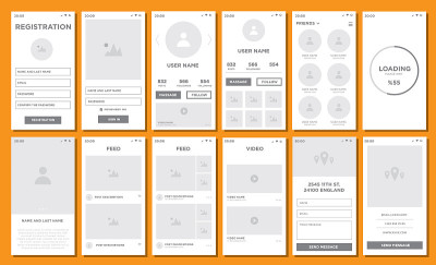 一套UI, UX, GUI屏幕社交网络应用平面设计模板为移动应用库存插图