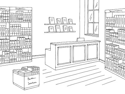 书店商店内部图形黑白素描插图矢量